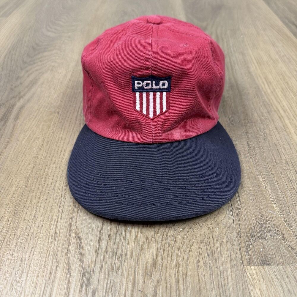 Vintage Polo Sport Ralph Lauren Hat Cap Strap Back One Size Red Shield Mens 90s